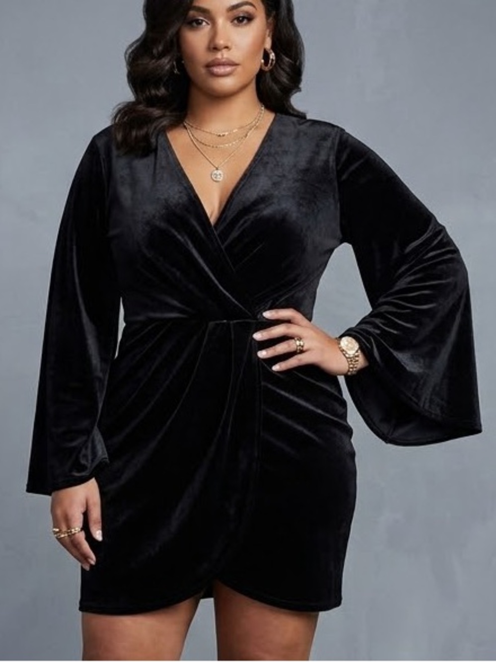 NWT PrettyLittleThing PLT Black Velvet Wrap Draped Dress Size 12 Bell Sleeve